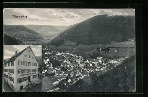 AK Wiesensteig, Ortsansicht aus der Vogelschau, Gasthof u. Bierbrauerei z. Lamm