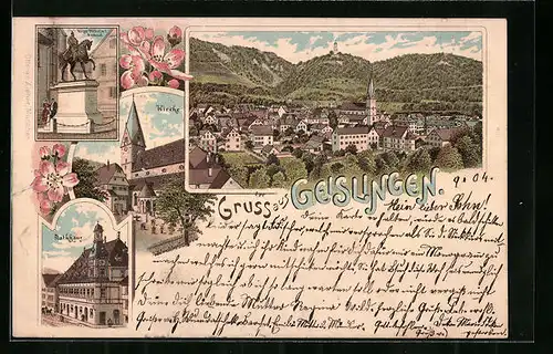 Lithographie Geislingen, Ortsansicht, Kirche, Rathaus