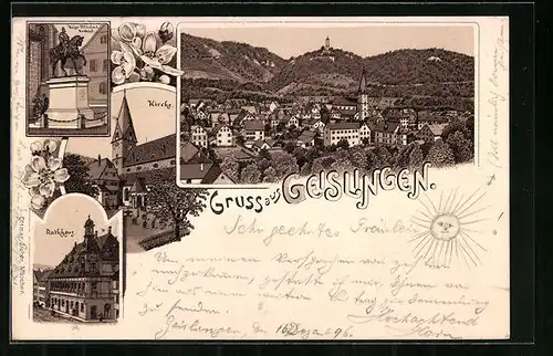 Lithographie Geislingen, Ortsansicht aus der Vogelschau, Kirche, Rathaus