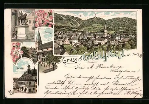 Lithographie Geislingen, Ortsansicht, Kirche, Rathaus