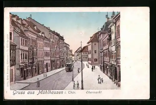 Goldfenster-AK Mühlhausen i. Thür., Obermarkt mit leuchtenden Fenstern, Strassenbahn