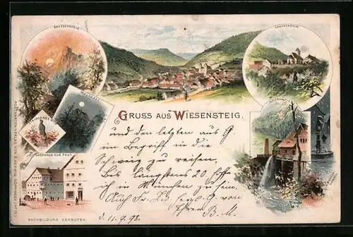 Lithographie Wiesensteig, Ortsansicht, Papiermühle, Gasthaus zur Post