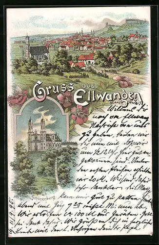 Vorläufer-Lithographie Ellwangen, 1895, Ortsansicht mit Schönenberg