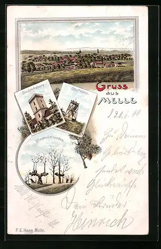 Lithographie Melle, Ortsansicht, Diedrichsburg, Ottos Höhe