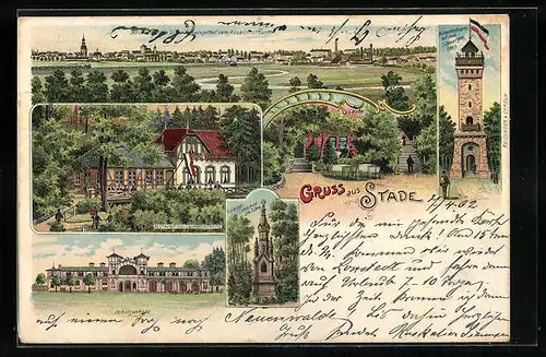 Lithographie Stade, Restaurant und Aussichtsturm a. d. Schwarzenberg, Schützenhalle, Kriegerdenkmal