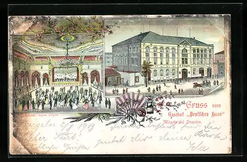 Lithographie Mügeln b. Dresden, Gasthof Deutsches Haus - Aussenansicht und Ballsaal