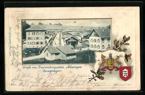 Passepartout-Lithographie Münsingen, Truppenübungsplatz (Barackenlager), geprägtes Wappen