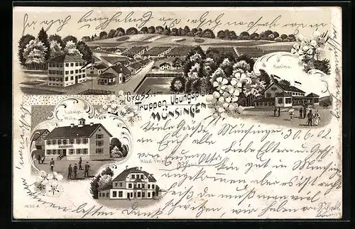 Lithographie Münsingen, Hotel Fezer, Ludwigshöhe, Casino, Truppenübungsplatz aus der Vogelschau