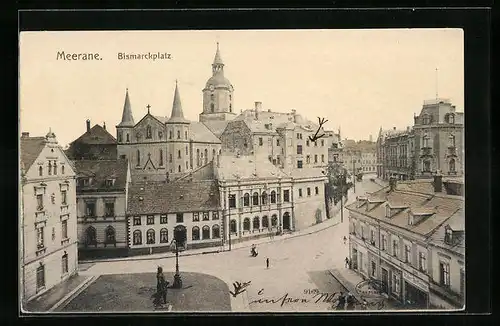 AK Meerane, Strassenenck am Bismarckplatz aus der Vogelschau