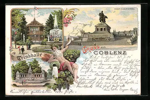 Lithographie Coblenz, Gasthaus zur Trinkhalle, Kaiserin Augusta-Denkmal, Kaiser Wilhelm-Denkmal
