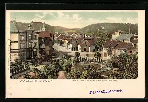 Lithographie Waltershausen, Hauptstrasse mit Blick nach dem Inselberg