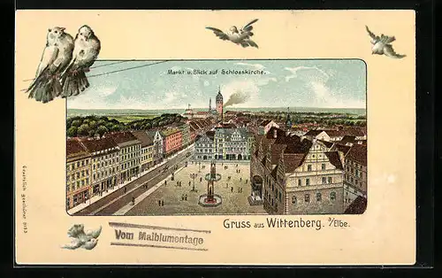 Passepartout-Lithographie Wittenberg /Elbe, Markt und Blick auf Schlosskirche, Tauben