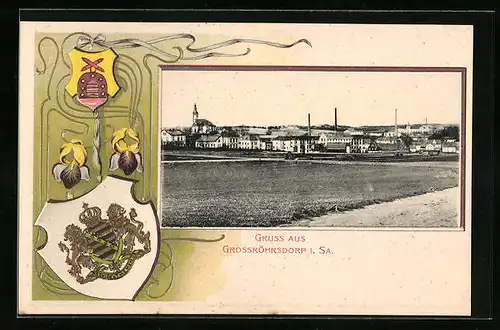 Passepartout-Lithographie Grossröhrsdorf i. S., Panorama des Ortes und geprägtes Stadtwappen