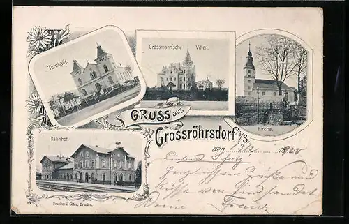 AK Grossröhrsdorf i. S., Turnhalle, Bahnhof, Grossmann`sche Villen