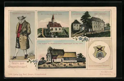 Künstler-AK Grossröhrsdorf i. S., Lehngericht (1887 abgetragen), Grossröhrsdorfer 1750, Stadtwappen