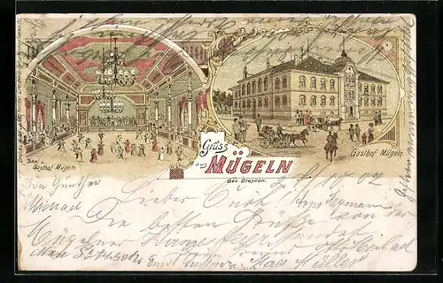 Lithographie Mügeln /Bez. Dresden, Gasthof Mügeln, Inneres Saal