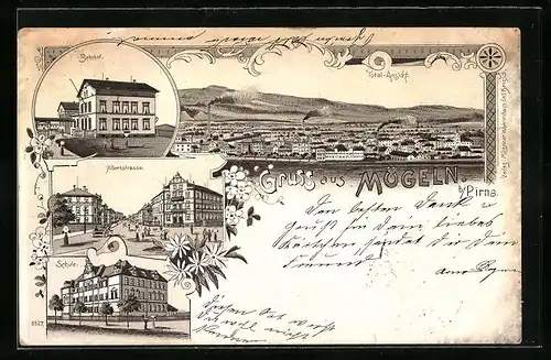 Lithographie Mügeln b. Pirna, Bahnhof, Albertstrasse, Schule