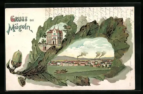 Passepartout-Lithographie Mügeln, Totalansicht u. Kaiserliches Postamt im Eichenblatt