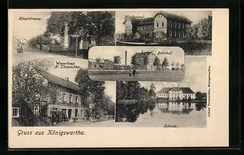 AK Königswartha, Warenhaus A. Thomschke, Bahnhof, Blindenasyl