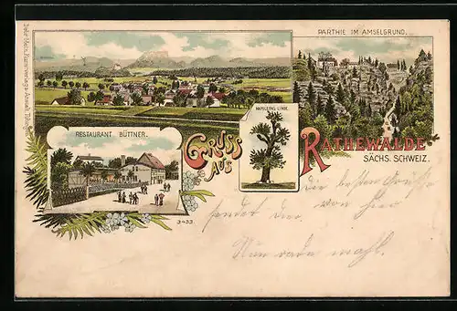 Lithographie Rathewalde /Sächs. Schweiz, Restaurant Büttner, Napoleons Linde, Partie im Amselgrund