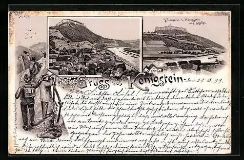 Lithographie Königstein, Lilienstein vom Ort aus gesehen, Teilansicht