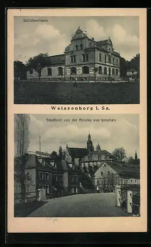 AK Weissenberg i. Sa., Schützenhaus, Stadtbild von der Brücke aus gesehen