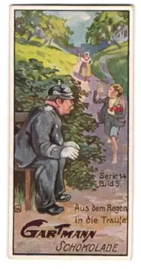 Sammelbild Gartmann Schokolade, Der Schutzmann, Aus dem Regen in die Traufe