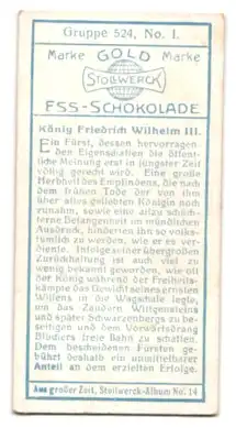 Sammelbild Stollwerck`s Ess-Schokolade, König Friedrich Wilhelm III. in Uniform