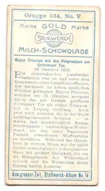 Sammelbild Stollwerck`s Milch-Schokolade, Gold Marke, Major Friccius mit den Ostpreussen am Grimmaer Tor