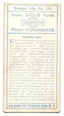 Sammelbild Stollwerck`s Milch-Schokolade, Marke Gold, Vizekönig Eugen
