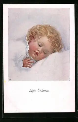 Künstler-AK M. Munk Nr. 923: Süsse Träume, blondes Baby schlummert friedlich in seinem Bettchen