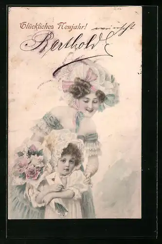 Künstler-AK M. Munk: Mutter mit Tocher und Blumenstrauss