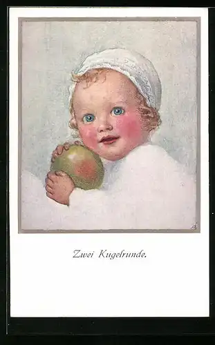 Künstler-AK M. Munk Nr. 923: zwei Kugelfreunde, bildschönes Baby mit Mütze und Obst in den Händen