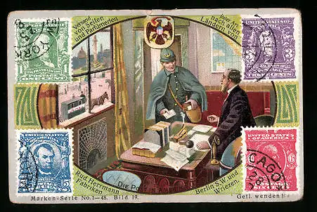 Sammelbild Rud. Herrmann Seifenfabriken, Serie 1-48, Bild 19, die Post in Amerika, Briefmarken