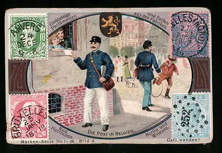 Sammelbild Rud. Herrmann Seifenfabriken, Serie 1-48, Bild 8, die Post in Belgien, Briefmarken