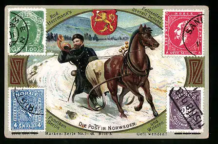 Sammelbild Rud. Herrmann Seifenfabriken, Serie 1-48, Bild 5, die Post in Norwegen, Briefmarken