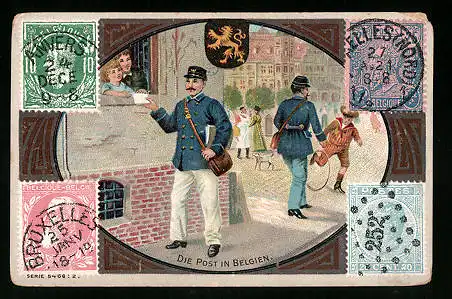 Sammelbild Rud. Starcke Diamantine Lederputzmittel, Serie 5468, Bild 2, die Post in Belgien, Briefmarken