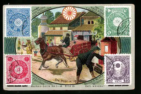 Sammelbild Rud. Herrmann Seifenfabriken, Serie 1-48, Bild 23, die Post in Japan, Briefmarken
