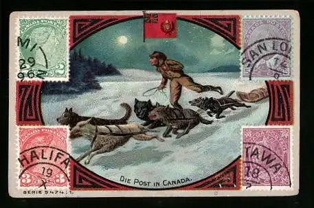 Sammelbild Rud. Starcke Diamantine Lederputzmittel, Serie 5474, Bild 1, die Post in Canada, Briefmarken