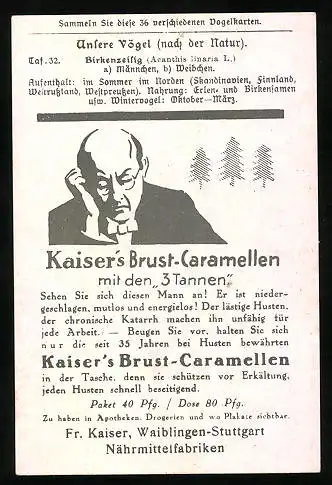 Sammelbild Kaiser's Brust-Caramellen, Fr. Kaiser GmbH, Serie: Unsere Vögel, Nr. 32, Birkenzeisig, Acanthis linaria L.