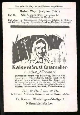 Sammelbild Kaiser's Brust-Caramellen, Fr. Kaiser GmbH, Serie: Unsere Vögel, Nr. 34, Feld-Sperling, Passer montanus L.