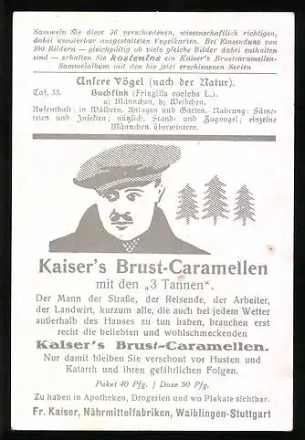 Sammelbild Kaiser's Brust-Caramellen, Fr. Kaiser GmbH, Serie: Unsere Vögel, Nr. 33, Buchfink