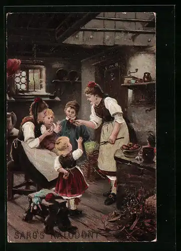 Sammelbild Sarg`s Kalodont, Frauen mit Kindern in der Küche
