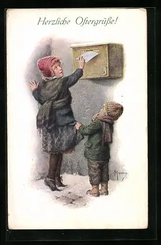 Künstler-AK Franz Kuderna: zwei Kinder werfen Post in den Briefkasten