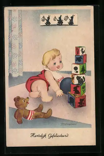 Künstler-AK Willy Schermele: kleines Mädchen baut einen Turm aus Holzklötzen