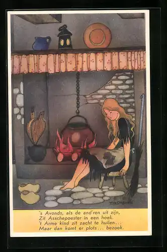 Künstler-AK Willy Schermele: Asschepoester huilend bij het vuur, Aschenputtel sitzt in der Küche vor der Feuerstelle