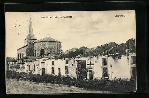 AK Azannes, zerstörte Häuserreihe mit Kirche