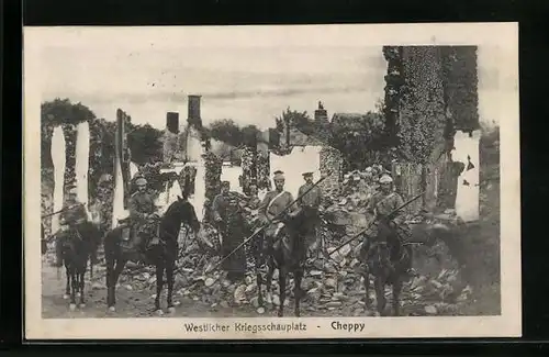 AK Cheppy, Soldaten stehen vor einer Hausruine