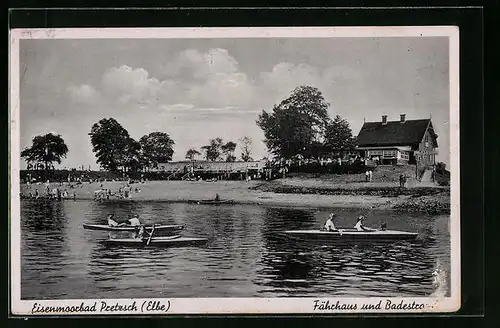 AK Pretzsch /Elbe, Fährhaus und Badestrand mit Booten