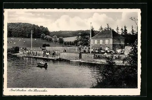 AK Bad Aachen, Gasthaus am Stauweiher mit Boot